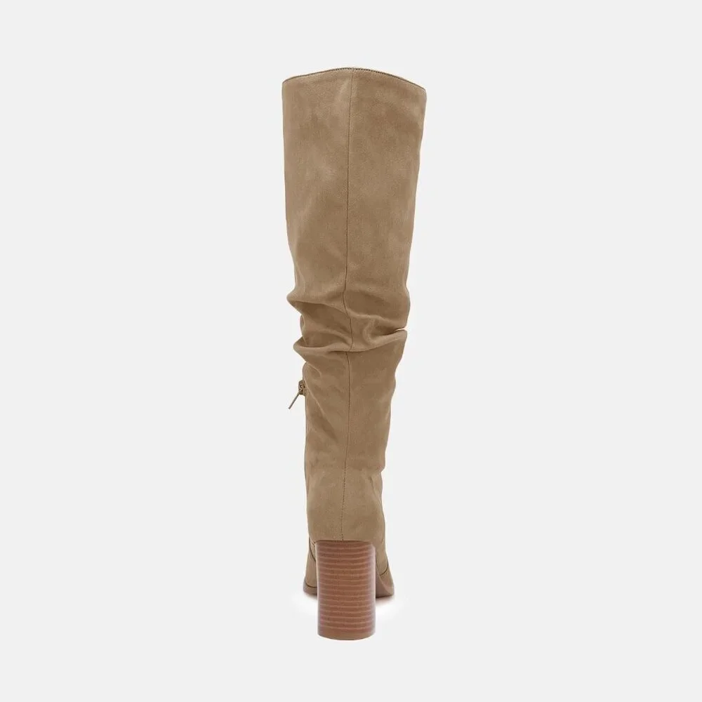 Women's Khaki Chunky High Heel Square Zipper Wide Calf Knee High Boots